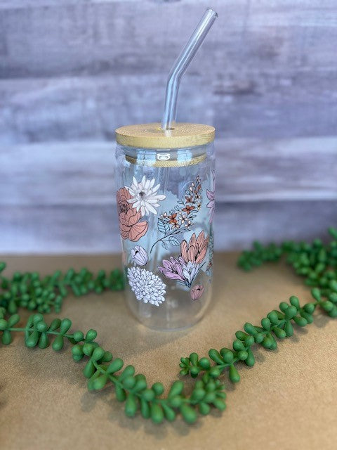 Boho Flowers 16oz Glass Can