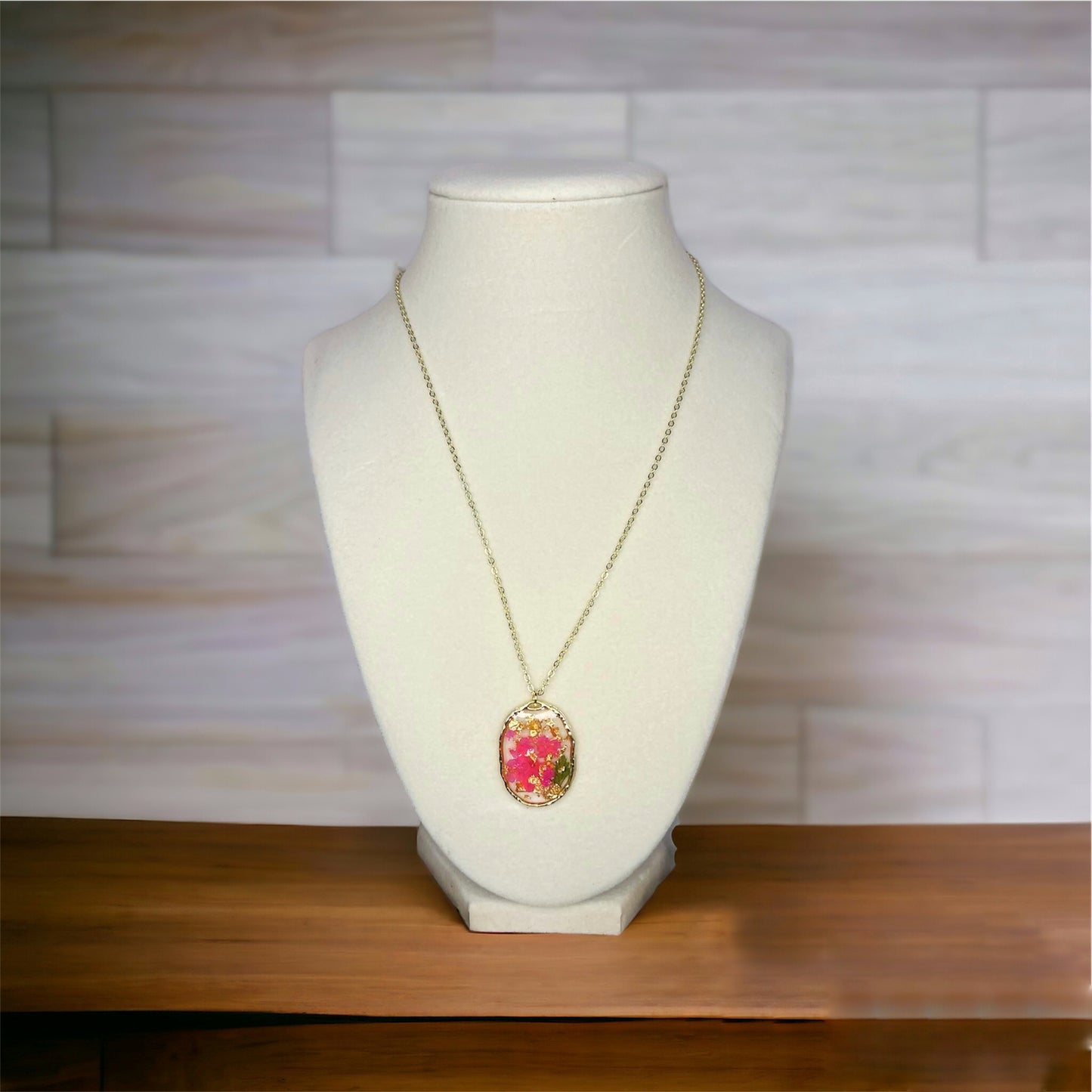 Pink Flower Gold Flake Resin Necklace
