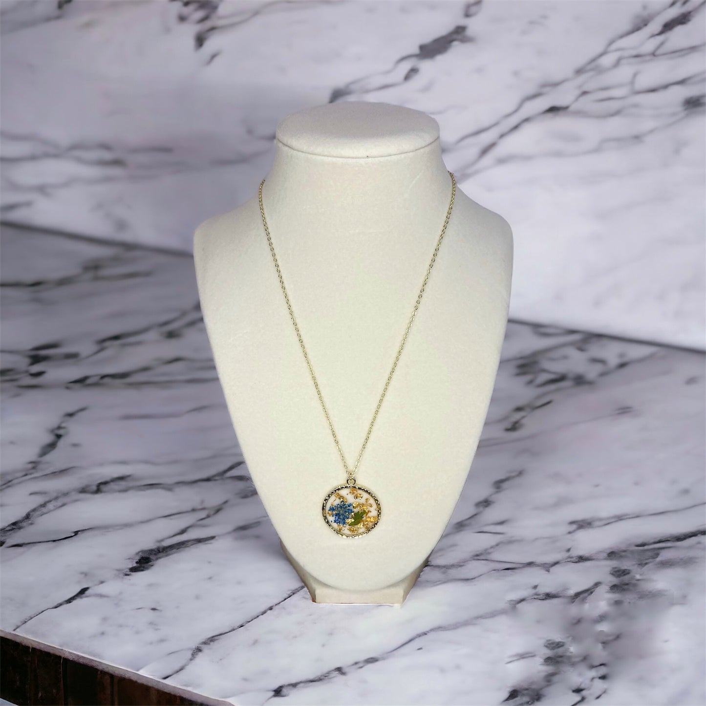 Blue Flower Gold Flake Resin Necklace