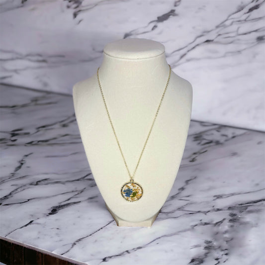 Blue Flower Gold Flake Resin Necklace